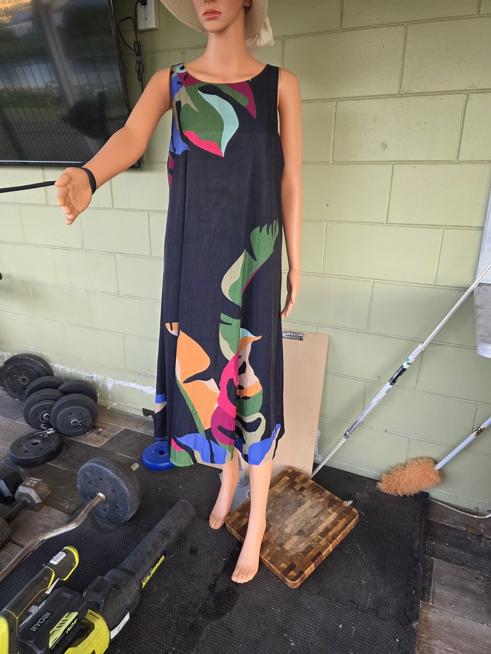 Chico's Black Sleeveless Midi Dress with Bold Multicolor Abstract Print